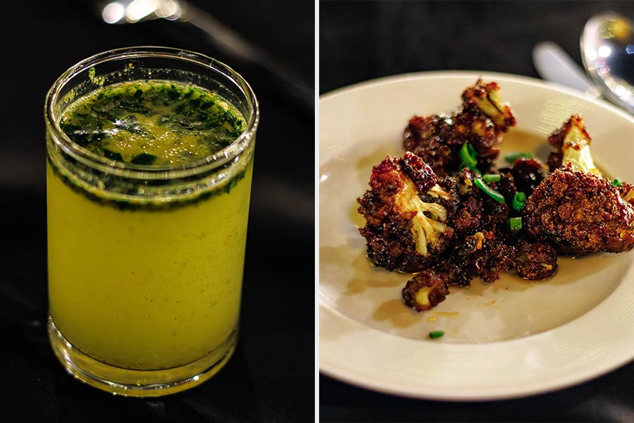The guests were welcomed with a paan-chilli spritz. The starter was a crispy Miso Cauliflower dressed in ‘gur’