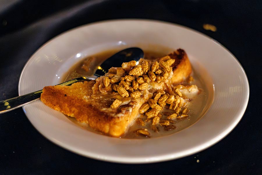 The dessert was chef Sohini’s take on a Shahi Tukda. A piece of bread was fried in ghee, dipped in thickened milk and topped with sweet ‘murki’