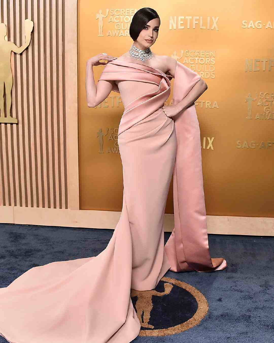 Actress-singer Sofia Carson, one of this year’s ceremony ambassadors, walked the red carpet in a blush pink off-shoulder Elie Saab gown featuring an asymmetrical neckline. 