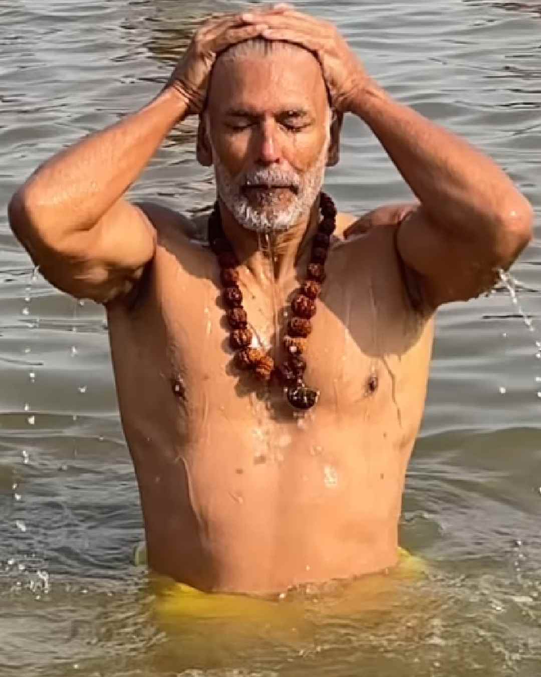 Actor-model Milind Soman, who is currently awaiting the release of Netflix’s upcoming series The Royals, took a holy dip at the Mahakumbh Mela.  