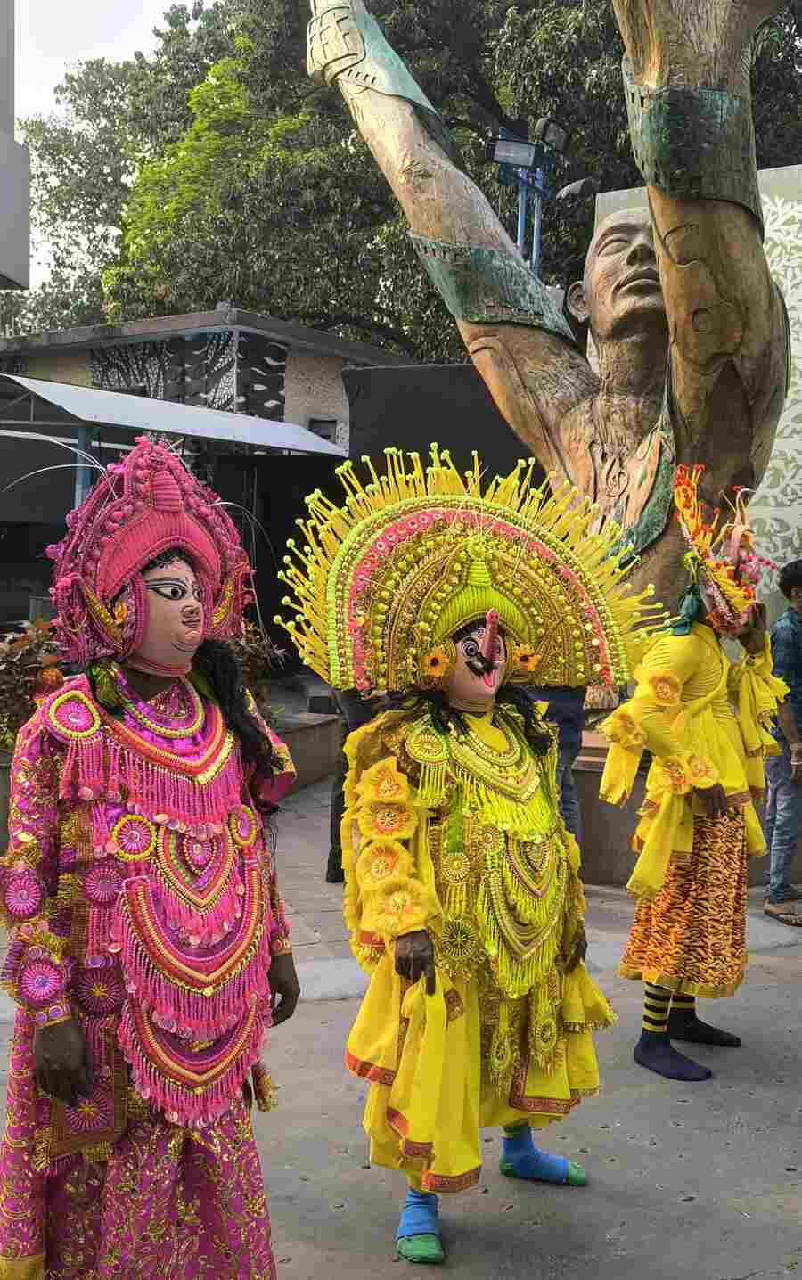 Chhau dancers wait to perform at the Dalit Literature Festival at the Rabindra Sadan-Nandan complex on Wednesday
