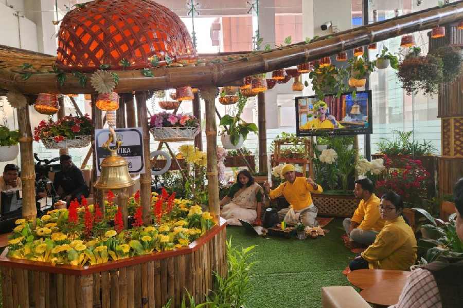 The opening ceremony at the biophilic studio, made primarily of bamboo and plants