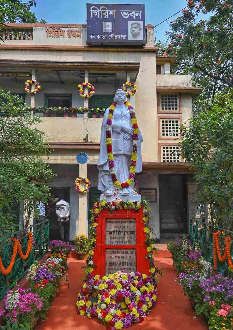 The statue of Girish Chandra Ghosh was garlanded at his Baghbazar house on his 182nd birth anniversary on Friday   