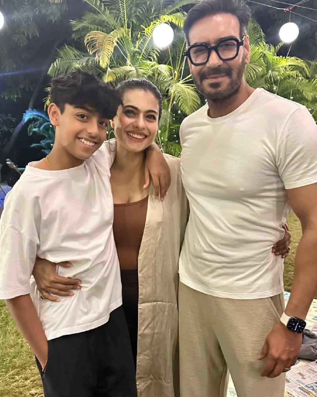 Kajol had a blast with husband Ajay Devgn and Yug Devgan. The three of them wore matching white outfits. Actor Vatsal Sheth was also present at the new year bash.  
