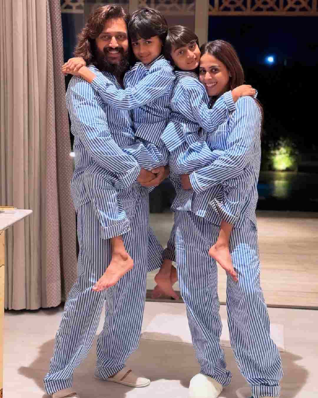 Riteish Deshmukh, Genelia Deshmukh and their sons, Riaan and Rahyl, donned matching pajamas for a family picture.