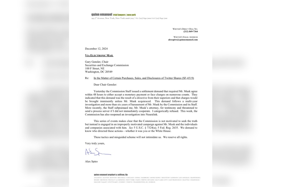 The letter by Elon Musk's attorney to the SEC Chair Gary Gensler. X/@elonmusk