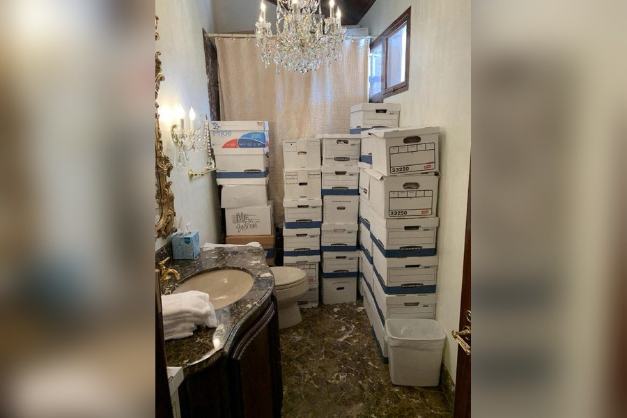 A photo published by the U.S. Justice Department in their charging document against former U.S. President Donald Trump shows boxes of documents stored in a bathroom at Trump's Mar-a-Lago club in Florida in early 2021 as seen embedded in the document released by the Justice Department in Washington, U.S. June 9, 2023. U.S. Justice