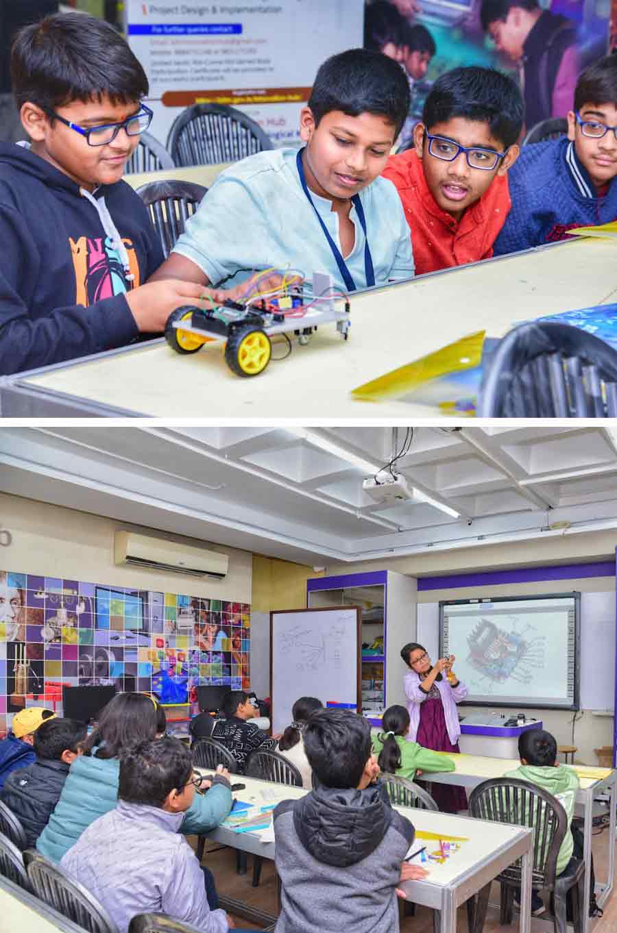 Students take interest in a hands-on workshop ‘Self-Driving Innovation: The Future of Robotics’ at the Innovation Hub of Birla Industrial and Technological Museum in Ballygunge on Saturday