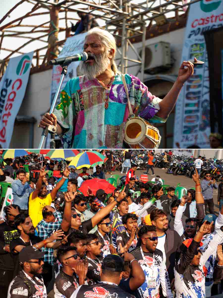 Baul rock fusion band Bolepur Bluez took to the stage with Kartik Das Baul leading the vocals. The mix of classic Bengali tunes with rock and roll notes got the audience headbanging and dancing under the winter sun. Speaking on stage to the bikers, Kartik Das Baul said: ‘Before today I had a very different opinion on bikers but today I also wish I had a bike and was a part of this beautiful community’
