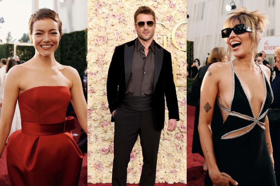 Emma Stone, Miley Cyrus, Glen Powell at Golden Globes 2025.