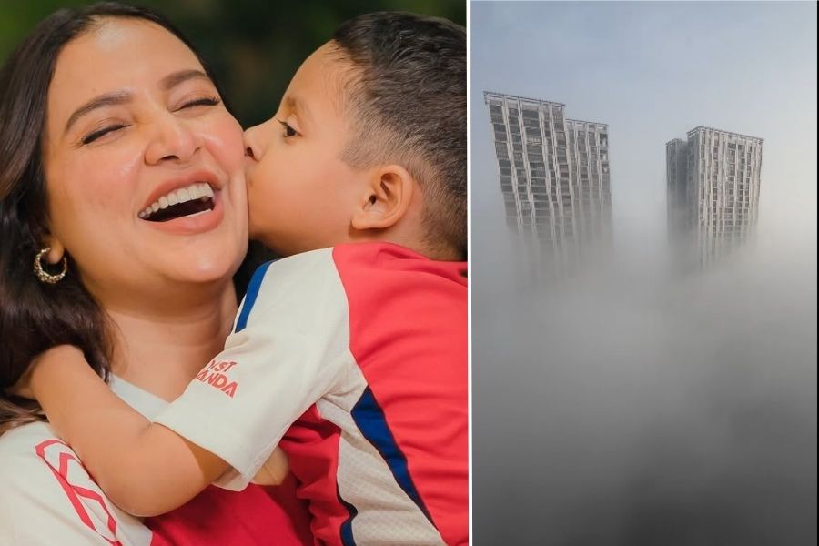 Subhashree Ganguly and Yuvaan enjoying a foggy morning in Kolkata