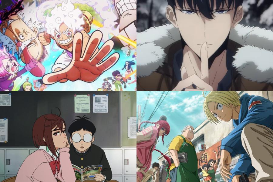 (clockwise left to right) One Piece Egghead arc, Solo Leveling S2, Sakamoto Days, Dandadan S2