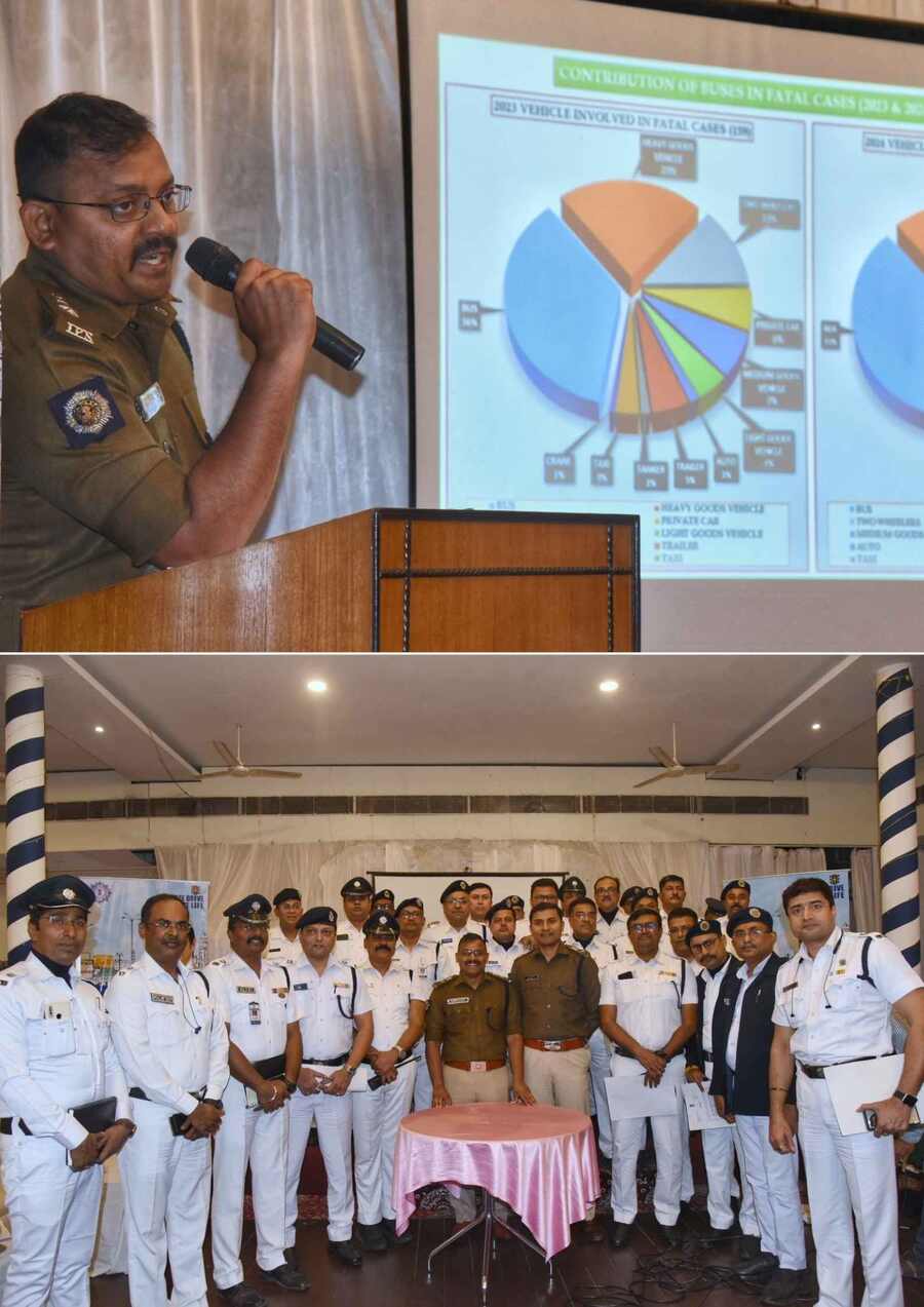 Kolkata Traffic Police holds a traffic awareness and sensitisation programme with representatives of bus and mini bus unions at the Calcutta Rangers Club on Tuesday