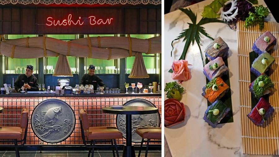 Guests can enjoy an array of dishes from the buffet spread while watching the food being freshly prepared in the live counters. The restaurant boasts specialised chefs for every cuisine. In pics (right), the Veg Rainbow Roll, which is as delightful to eat as it is to admire. The sushi rice gets it blue shade from the butterfly pea flower while the colourful veggies add vibrant hues 