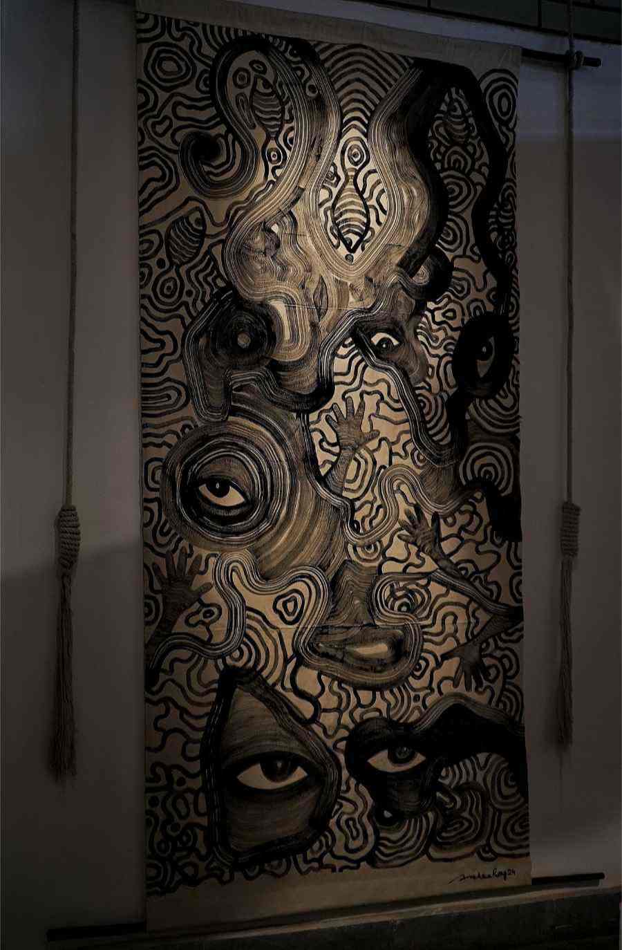 Archee Roy’s ‘I, Exist’, which first made an appearance during the Kolkata Rainbow Pride Walk 2024, personified the resilience of marginalised communities against the exclusionary Brahminical, hetero-patriarchal system. “At the heart of this piece are eyes, used as a motif and metaphor. Eyes are mirrors that reflect, reveal and hold truths; while embodying the strength and vulnerability of those marginalised. They testify to the existence and struggles of a community that refuses to be invisibilised,” Archee said