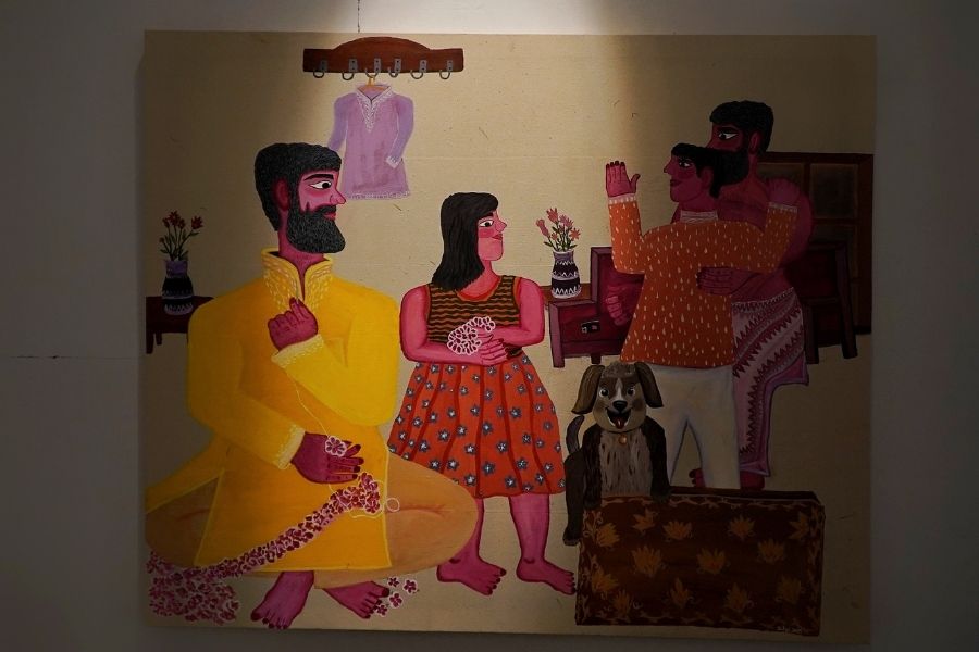 Jugal Kumar’s ‘Puja Preparation’ questions the conventional notion of a family with acrylic and clothes. “This is such a poignant platform to explore identity and self-expression, while subverting societal norms with art. At Ko:QAM, we found a sanctuary of resistance, woven from threads of love, light and liberation,” Jugal said