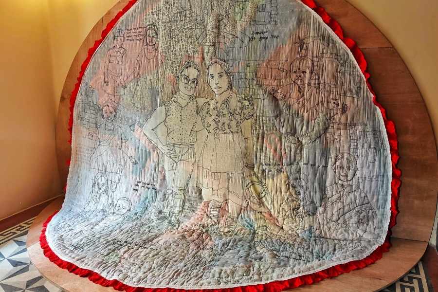 ‘Weaving the Past’ by Sriparna Dutta encapsulates memories from a marginalised childhood. “This work draws upon experiences of me and my sister, with embroidery and appliqués making a quilt come alive with family fabrics,” she said