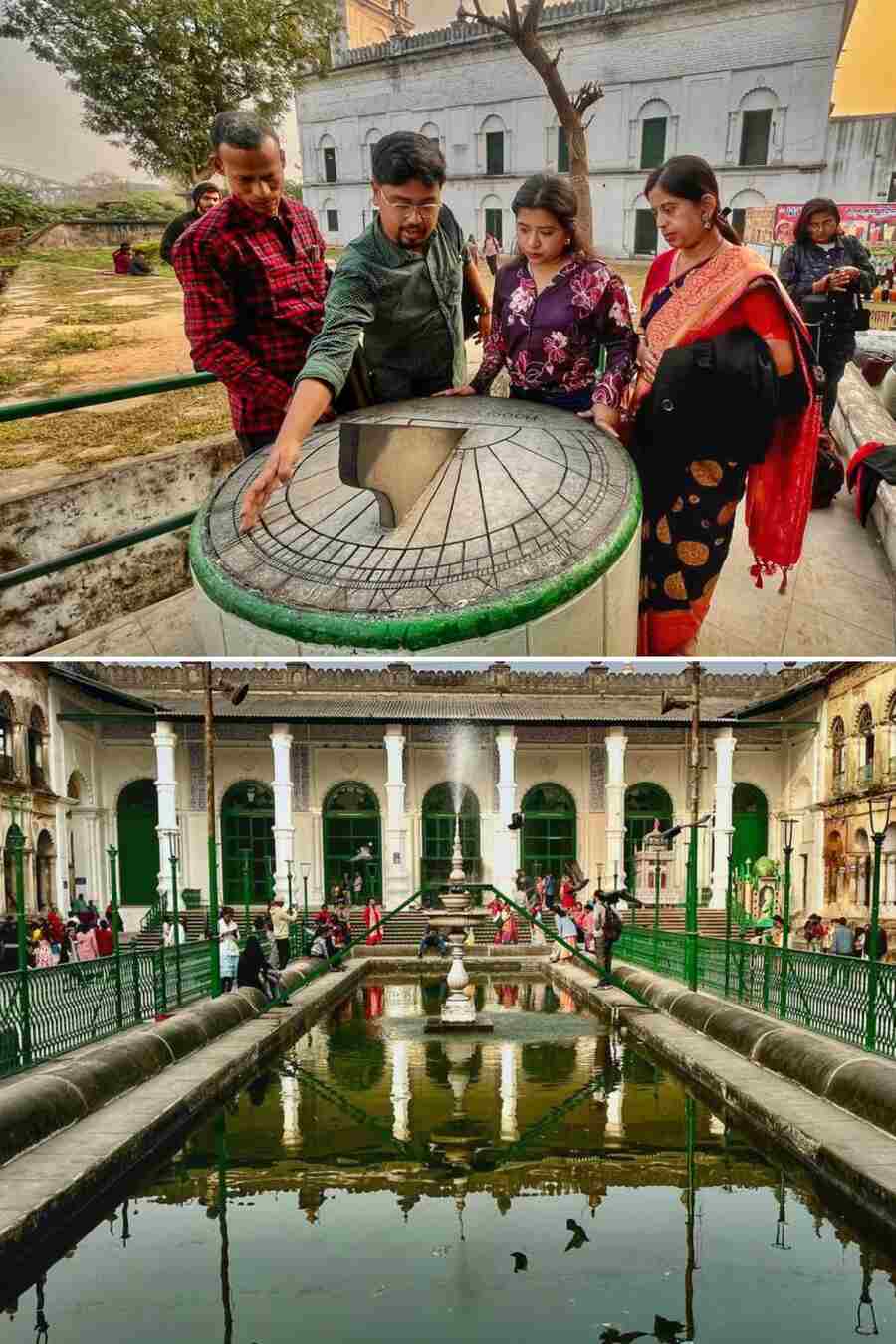 (Top) Tourists enjoy a winter afternoon at the Hooghly Imambara and (above) check out the sundial there