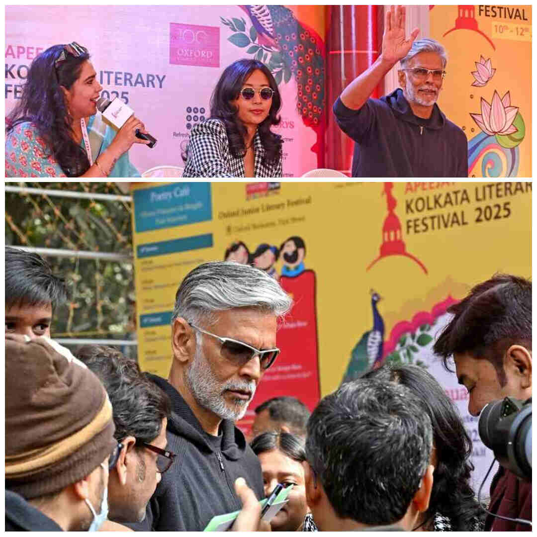 (Top) Neeta Sreedharan a session ‘The Body Beautiful’ with fitness guru Milind Soman and Ankita Konwar at the Apeejay Kolkata Literary Festival 2025 at Allen Park on Park Street on Friday and (above) fans seek autographs from Soman at the venue 