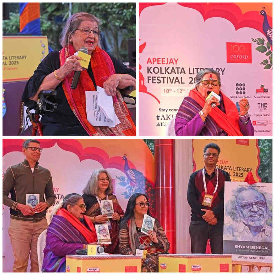 (Clockwise from top left) Maina Bhagat, director, Oxford Bookstores and Apeejay Kolkata Literary Festival 2025, speaks at its inauguration at Allen Park on Park Street on Friday; chief guest Usha Uthup gives an impromptu performance and along with Ila Arun releases a book ‘Shyam Benegal: A film-maker of Real India’ by Arjun Sengupta