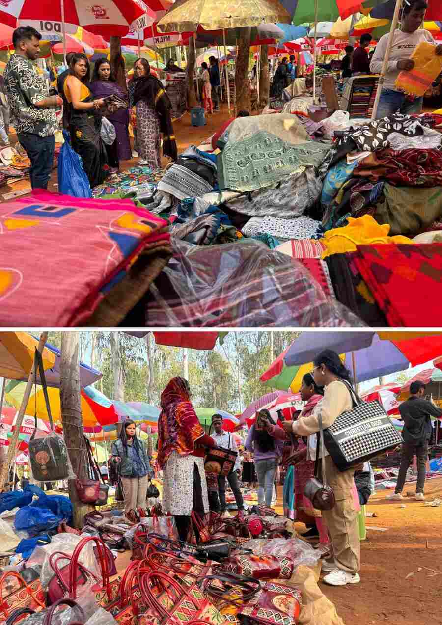 Tourists scout Sonajhuri Haat in Santiniketan to shop for handicrafts, clothes and handmade jewellery on Friday   