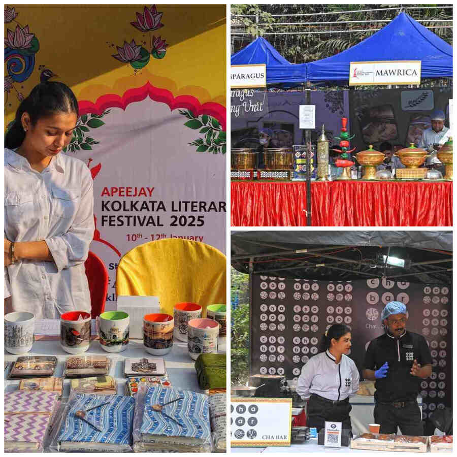 Among the sip and bite stalls for the lit fest visitors at Allen Park was the Oxford Bookstores stall selling table coasters, mugs and other Kolkata-related souvenirs