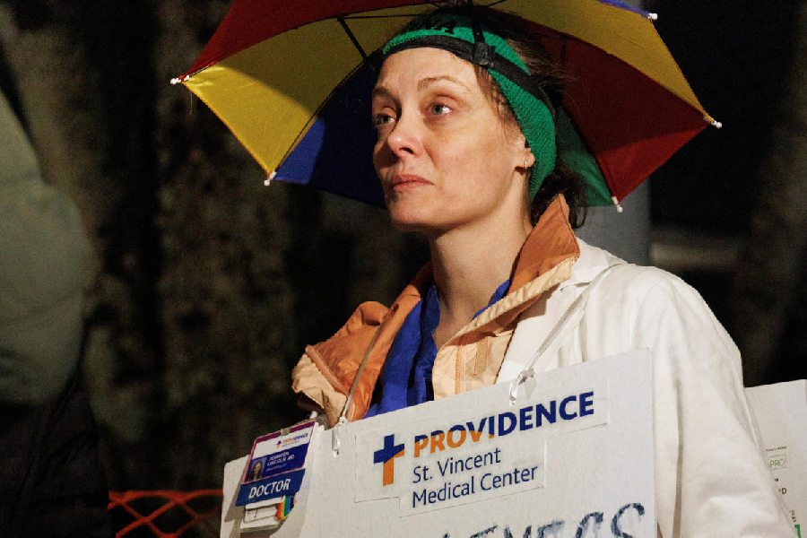 Jennifer Lincoln, M. D., an obstetrician-gynecologist at the picket line.