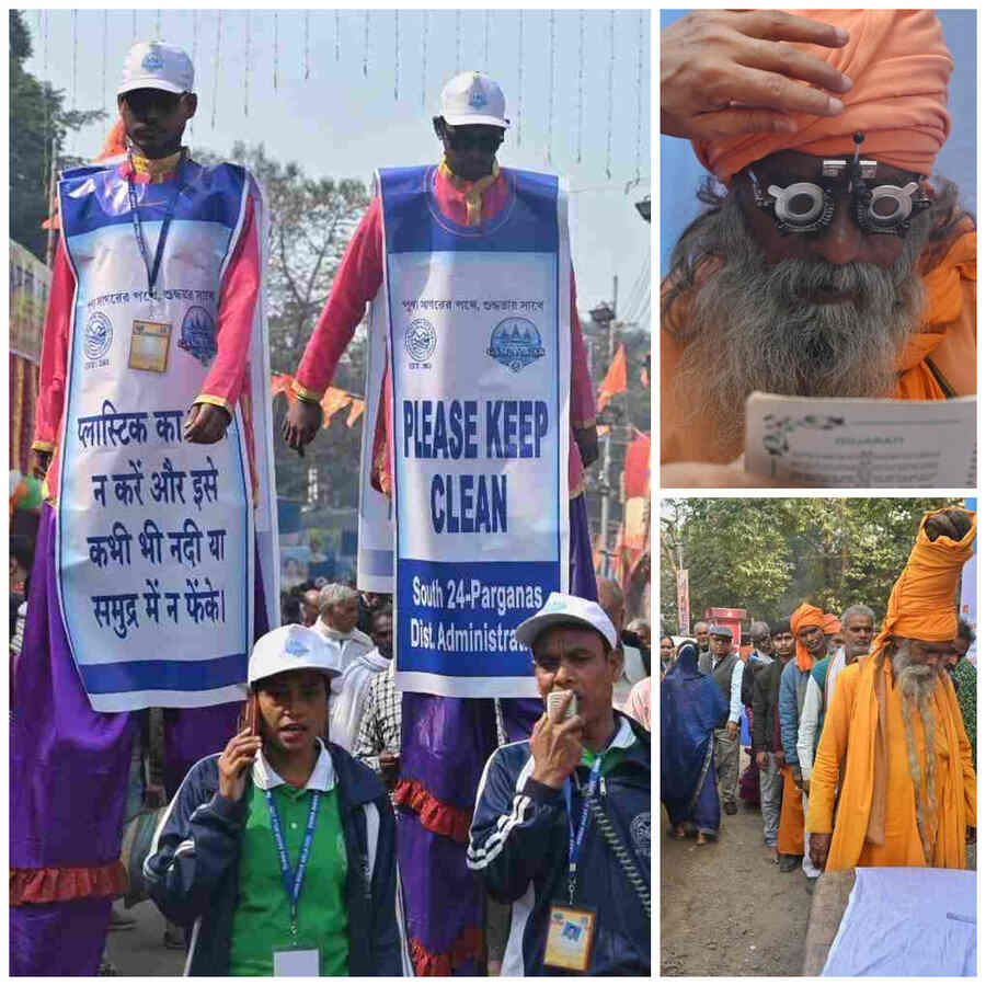 (Clockwise from left) An awareness drive at the Ganga Sagar Mela 2025 transit camp at Babughat in Kolkata on Saturday; a sadhu gets his eyes checked at a free health camp and devotees queued up outside