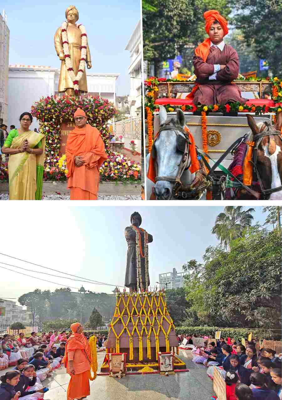 A procession was held in north Kolkata on the occasion of Swami Vivekananda’s 163rd birth anniversary. The procession ended at Swami Vivekananda’s ancestral home on Vivekananda Road where his statue was garlanded in the presence of minister Shashi Panja 