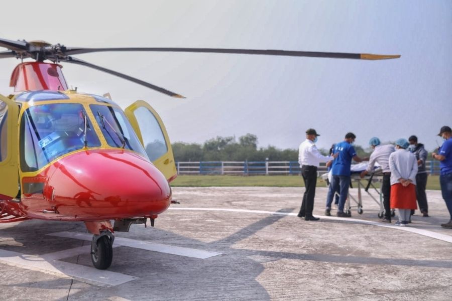 Two ailing pilgrims were rescued by a helicopter from Sagar Island on Sunday morning and brought to Kolkata for treatment  