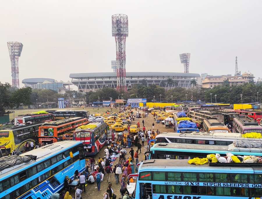 Taxis and buses in front of the Eden Gardens ferry pilgrims to Sagar Island for the Gangasagar Mela starting from January 14  