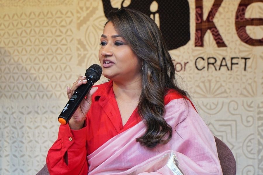 The second day of the exhibition stood out for its engaging fireside chat on the topic ‘Laapata saris: Is the concept of the modern sari an identity crisis or a phoenix rising?’. Celebrity drape artist (in picture) Dolly Jain and Dr. Rupali Basu, president, brand Research and Management, RPSG Group, participated in the panel moderated by Rashmi Chowdhary. The discussion delved into the evolution of the saris, exploring its timeless essence and contemporary resurgence
