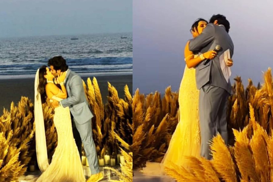 Actor Aadar Jain kissed his bride Alekha Advani during the wedding ceremony in Goa. 