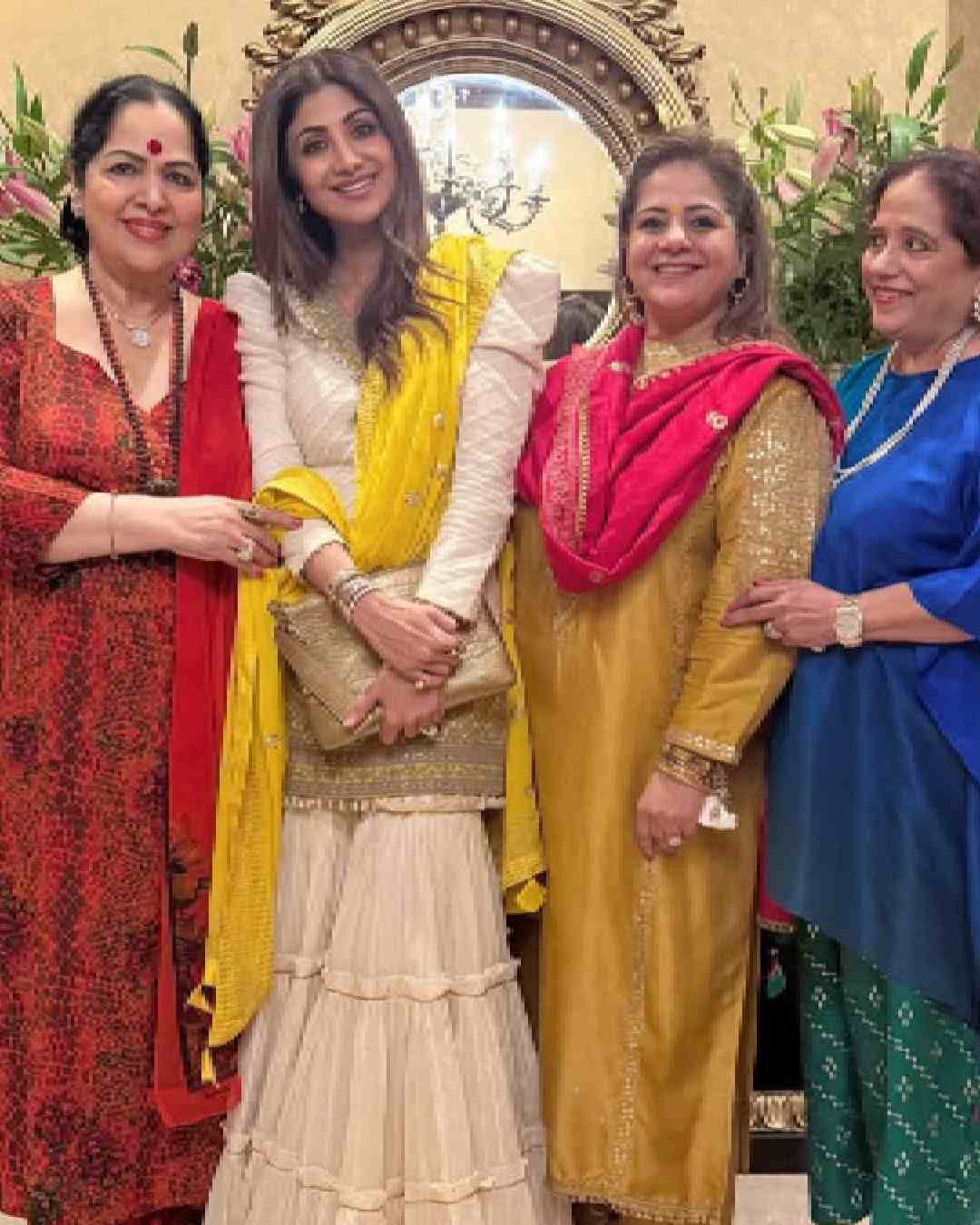 Shilpa Shetty dazzled in a white kurta paired with white ruffled palazzos and a golden dupatta. The 49-year-old actress is currently gearing up for KVN Productions’s KD – The Devil.