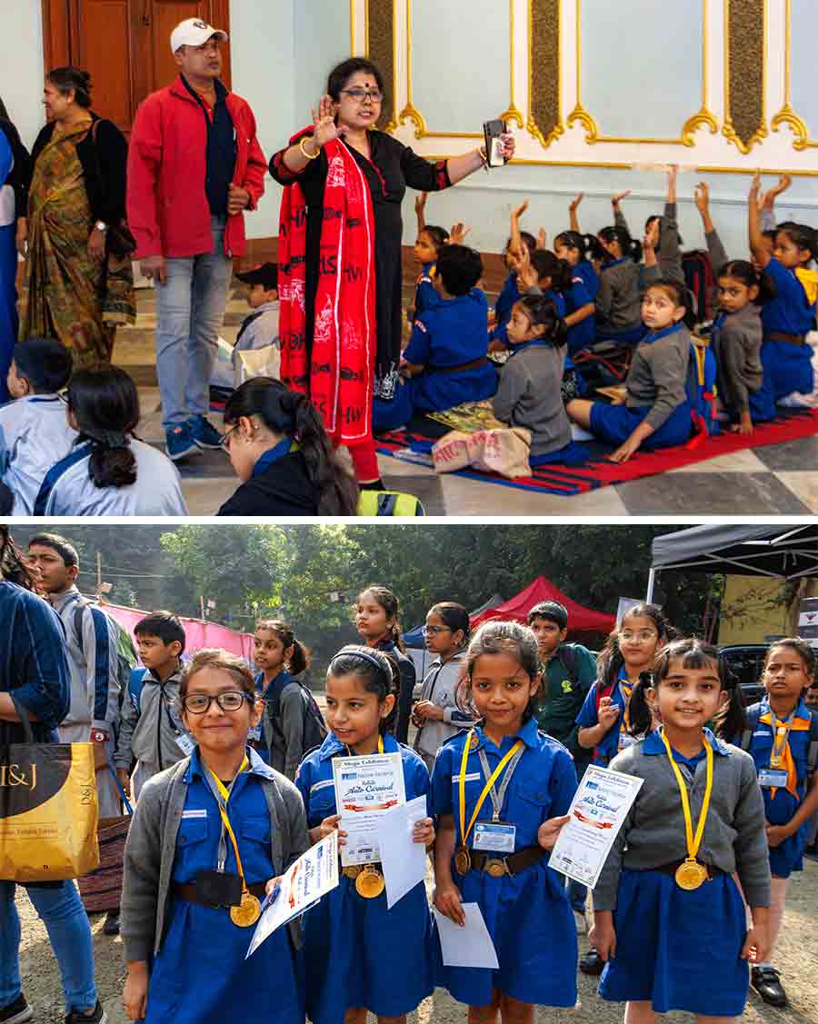 Aruna Ghosh of Kolkata on Wheels gives instructions to excited children taking part in the car art and craft competition. The children put in great effort and showed off their medals and artwork after thoroughly enjoying the event 