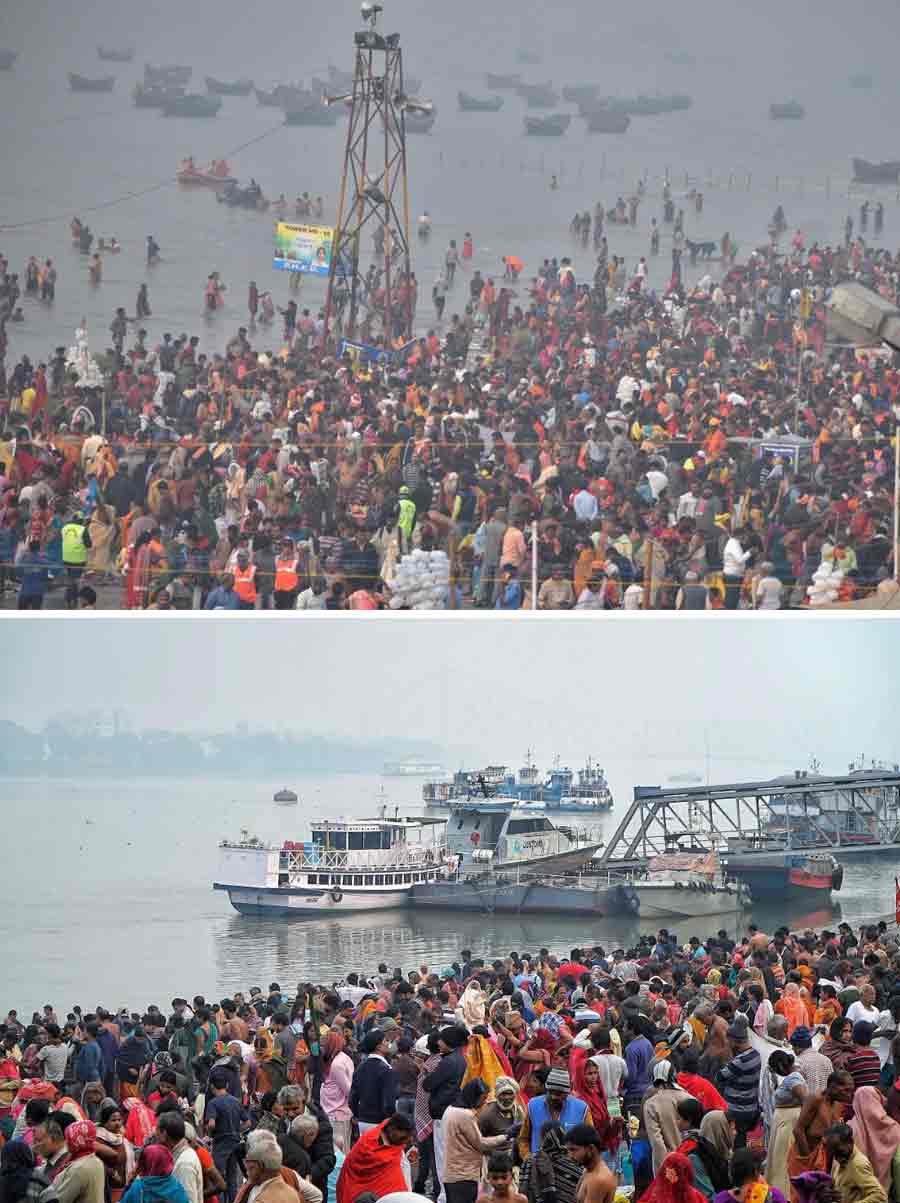 The banks of the Ganga (Hooghly) were teeming with pilgrims and devotees at the Sagar Island and Kolkata from the crack of dawn on Makar Sankranti on Tuesday. Venus, Saturn, Jupiter, and Mars will align in the night sky, including around the time of Sankranti. This alignment is part of a planetary parade that lasts for several weeks and is considered highly auspicious 