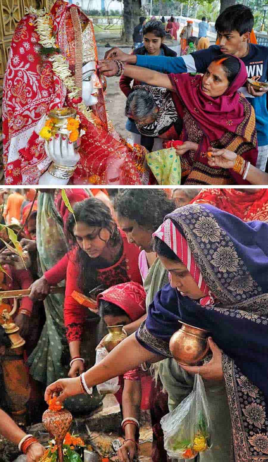 Devotees at Babughat perform puja rituals after taking a holy dip in the Hooghly