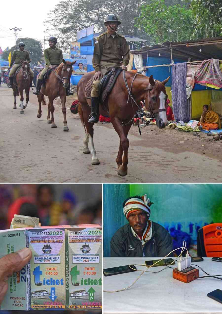 The Gangasagar transit camp at Babughat has all the facilities for the pilgrims. In pictures, mounted police keep vigil in the area ensuring the safety and security of the pilgrims, a charging station keeps devices charged for a fee and special buses are plying up and down to Gangasagar Mela
