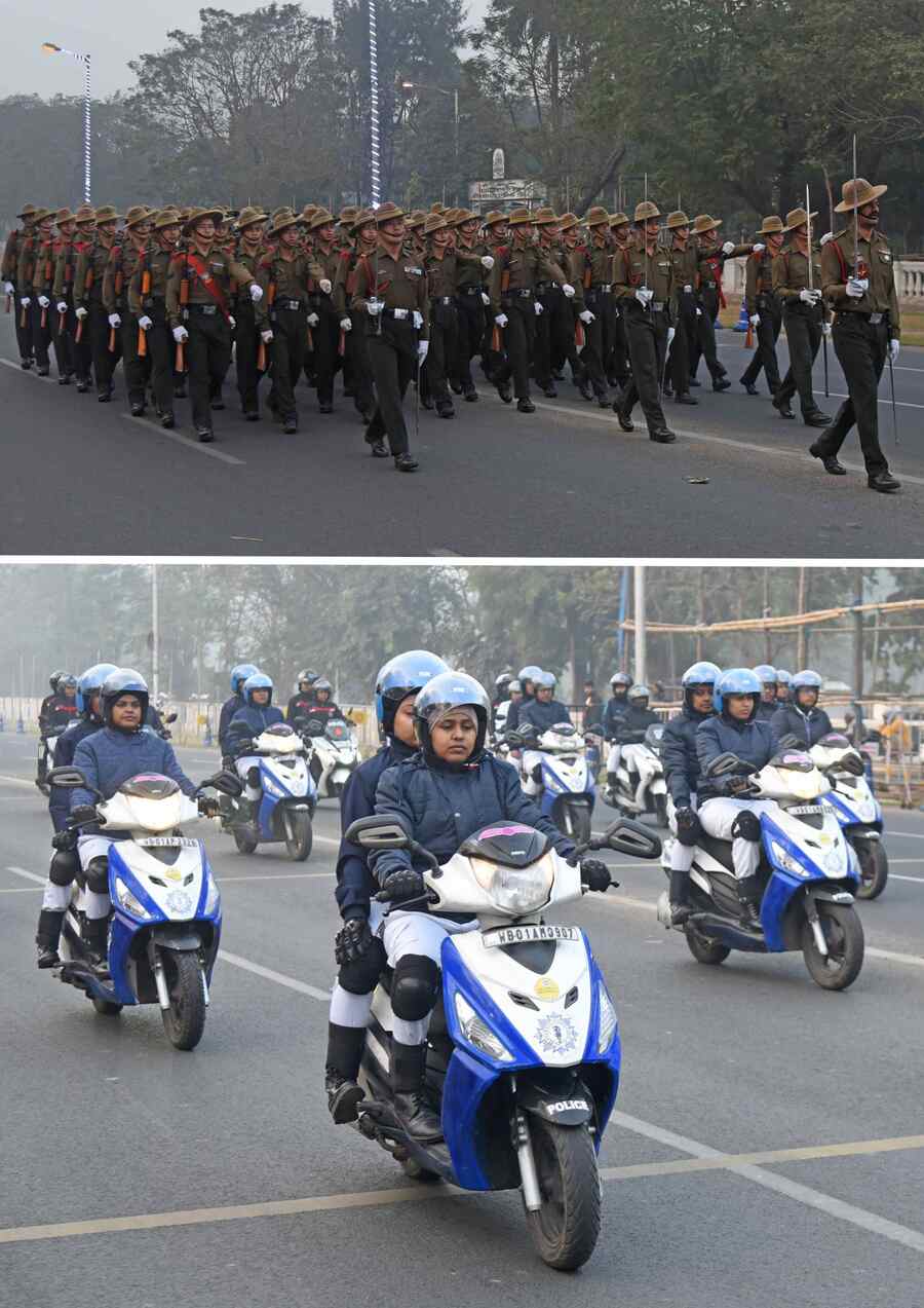 Indian Army and Kolkata police personnel rehearse on Red Road on Thursday for the Republic Day parade