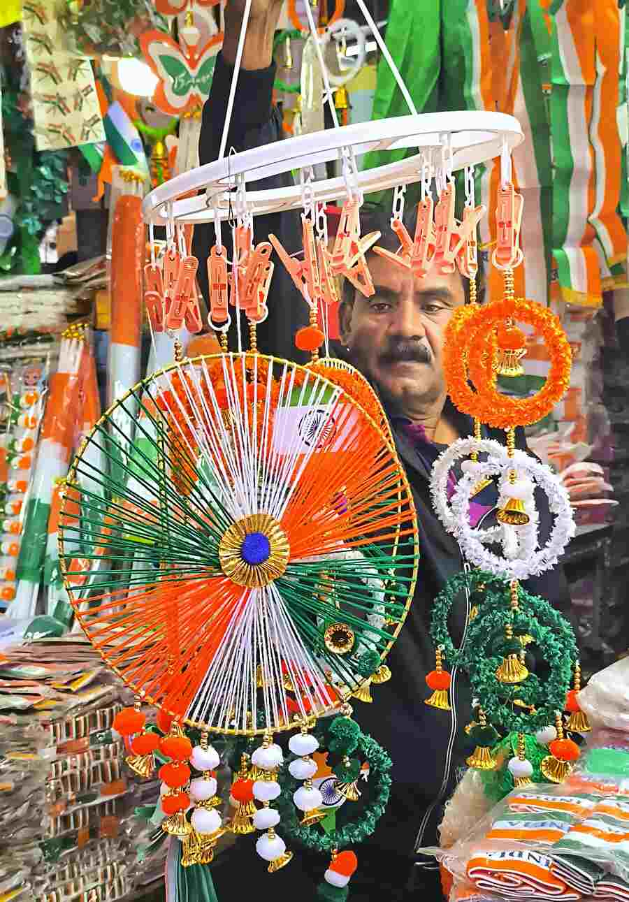 Tricolour and decorations on sale for Republic Day in Burrabazar on Monday  