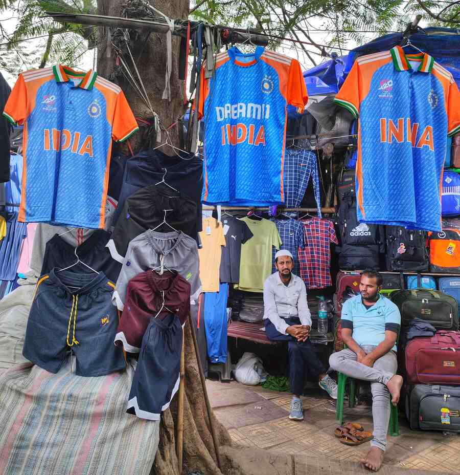 Indian jerseys on sale at the BC Roy Market at Esplanade ahead of India vs England t20 cricket match at Eden Gardens on Wednesday