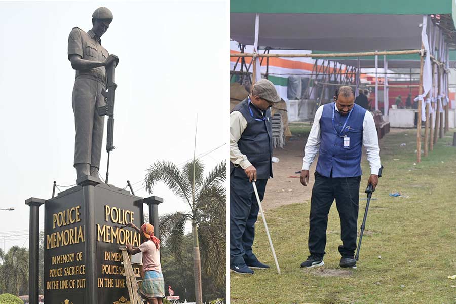 The Police Memorial at Red Road gets a good scrub and polish ahead of Republic Day and (right) a Kolkata Police bomb squad checks areas adjoining the venue of the Republic Day parade
