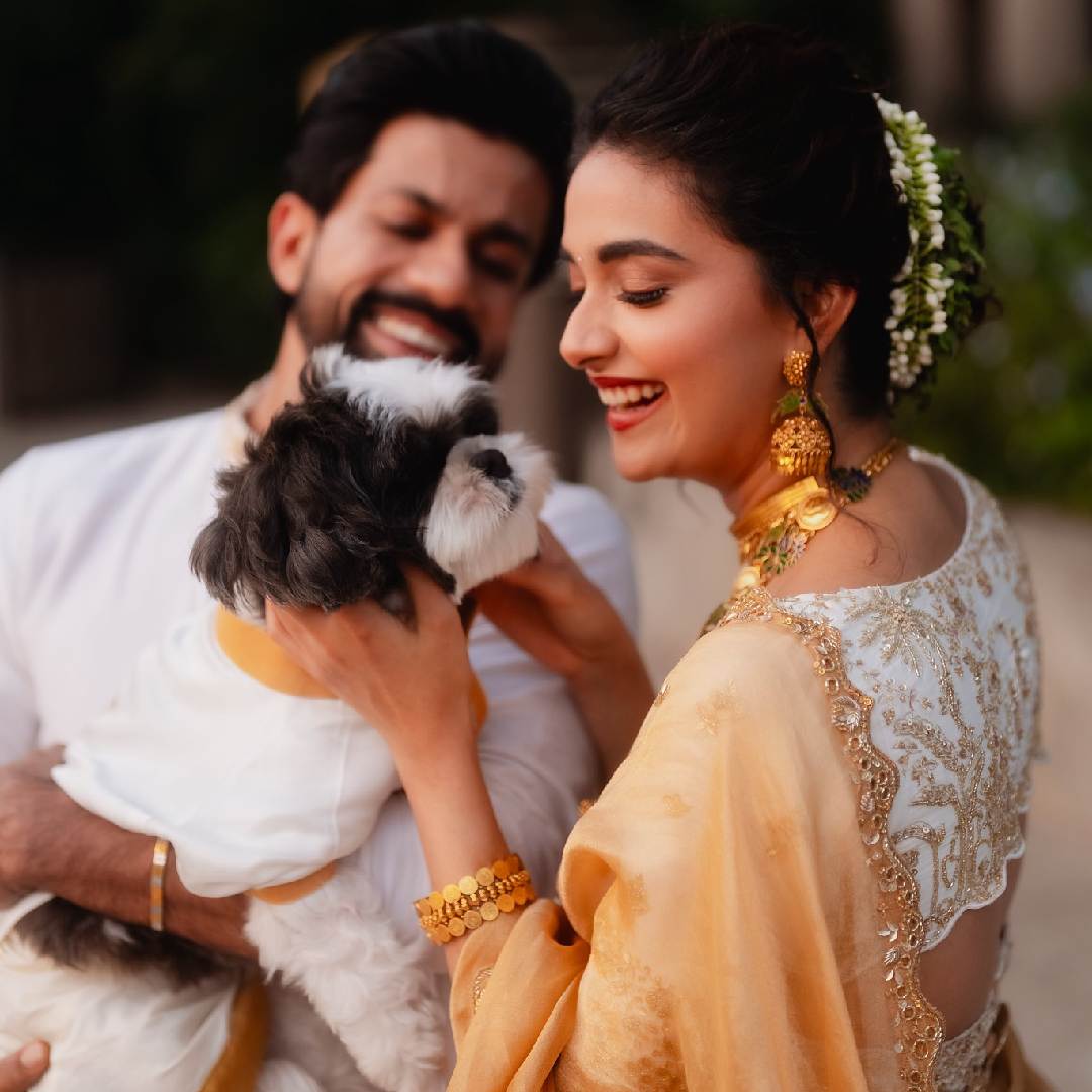 Keerthy’s Shih Tzu, named Nyke (a blend of AntoNY and KEerthy), also joined the celebrations.  