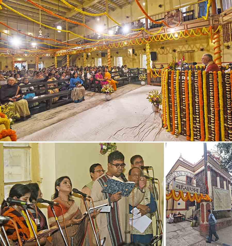 (Clockwise from top) People attend a divine service conducted during the 195th Maghotsav celebrations at Sadharan Brahmo Samaj on Saturday; the Samaj at Bidhan Sarani in north Kolkata decked up in marigold garlands and the choir sings Brahmosangeet 