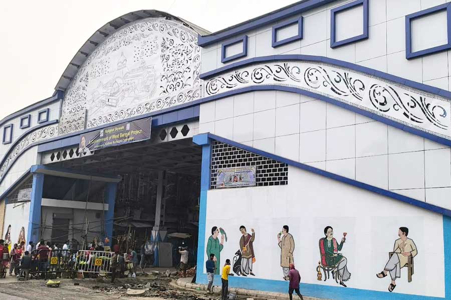 Images of Kolkata ‘babu culture’ find place on the facade of the Kalighat skywalk in its completion stages