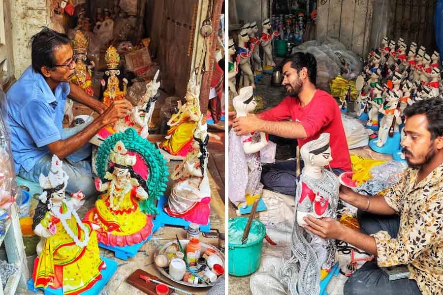 Kumartuli artisans race against time in lending finishing touches to Saraswati idols a week before Basant Panchami 
