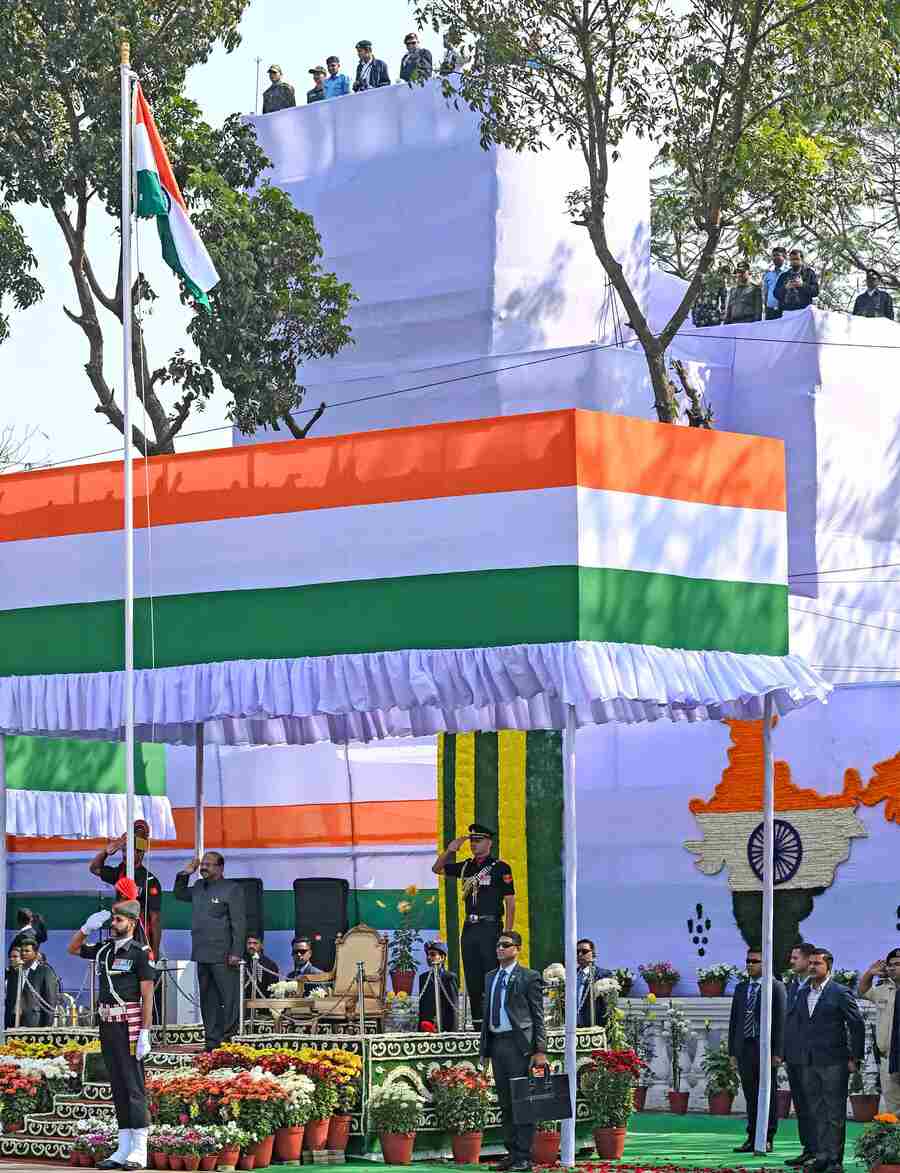 Governor CV Ananda Bose hoisted the National Flag at the Republic Day event on Red Road on Sunday morning