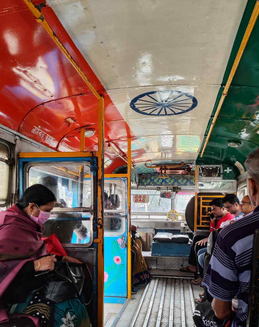 The inside roof of a bus painted in the colours of the flag to mark Republic Day 