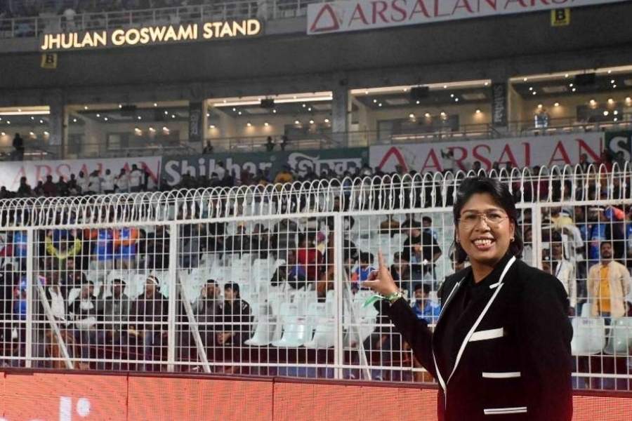 The most successful bowler in the history of women's cricket, Jhulan Goswami, poses under the stand named after her at the Eden Gardens on January 22 ahead of the first T20I between India and England  