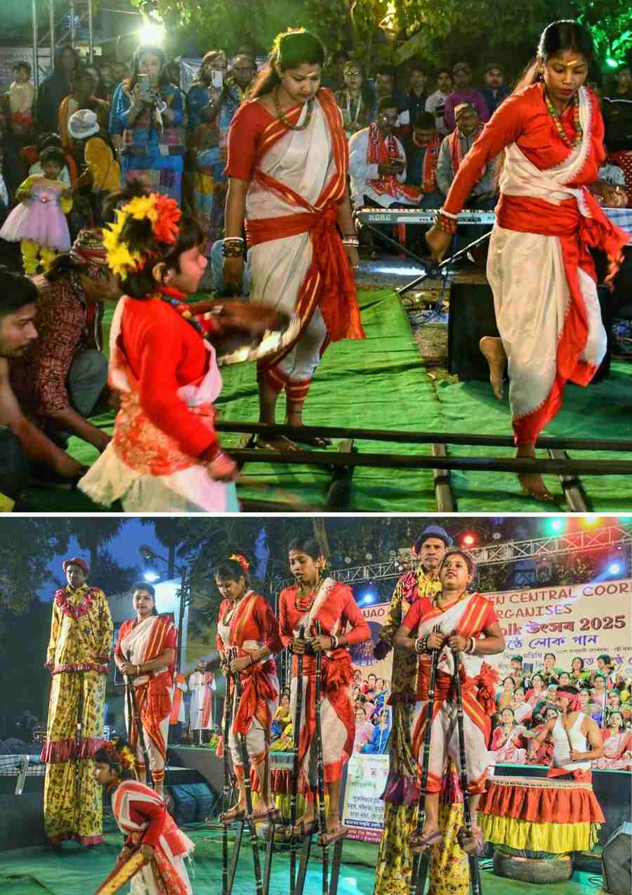 Folk artistes perform at Folk Art Utsav organised by Loko Folk Utsav Committee on Monday at Golf Green Central Park  
